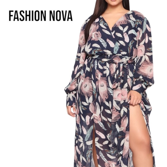 Fashion Nova | Dresses | Peacock Feather Print Semisheer Maxi Dress Plus  Size X Navy Blue Euc | Poshmark